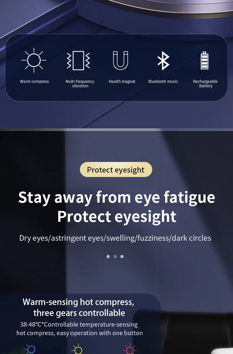 RejuvaRay Eye Massager features: warmth, vibration, Bluetooth music, rechargeable